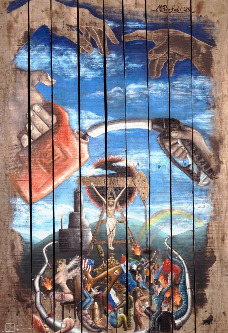 GolgoTax - 80x115 cm - oil, pyrograph and metal parts on pallet of petroleum products – IconArt