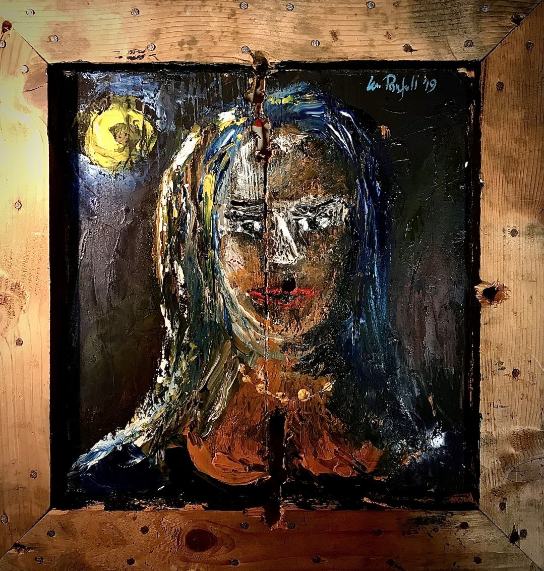 "Midnight blue" ... one-night portrait - 35.5 X 37 cm - extemporaneous work made in acrylic on antique wooden electrical panel - IconArt