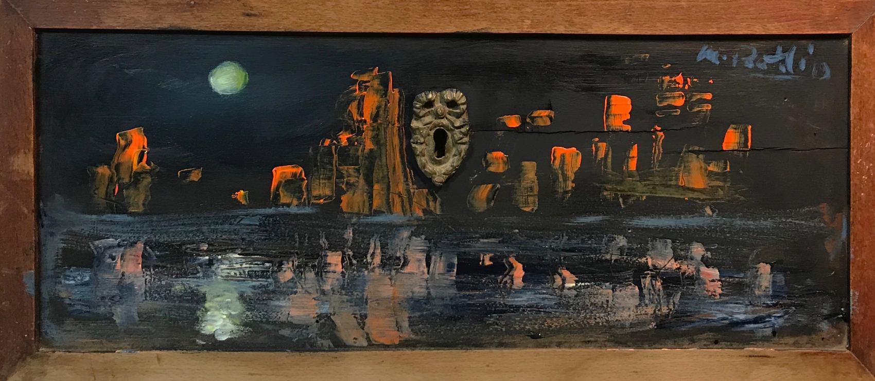 night walk - 45x20 cm - work made of acrylic on a wooden and brass drawer - IconArt