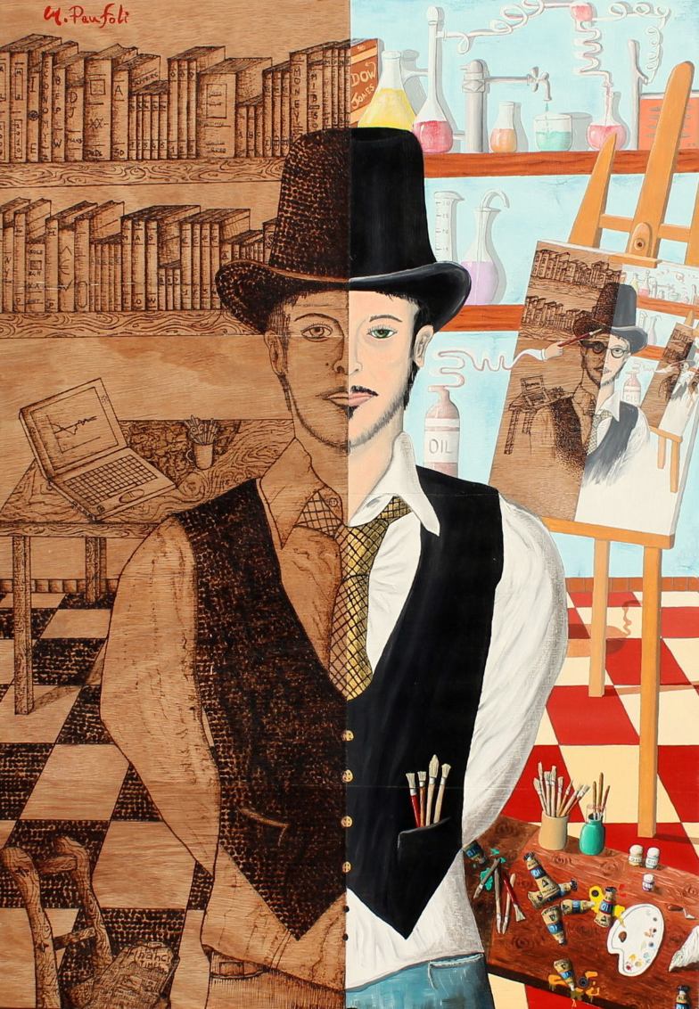 Dr. Jekyll and Mr. Hyde (self-portrait) 70 x 100 cm. Oil and pyrographe on wood