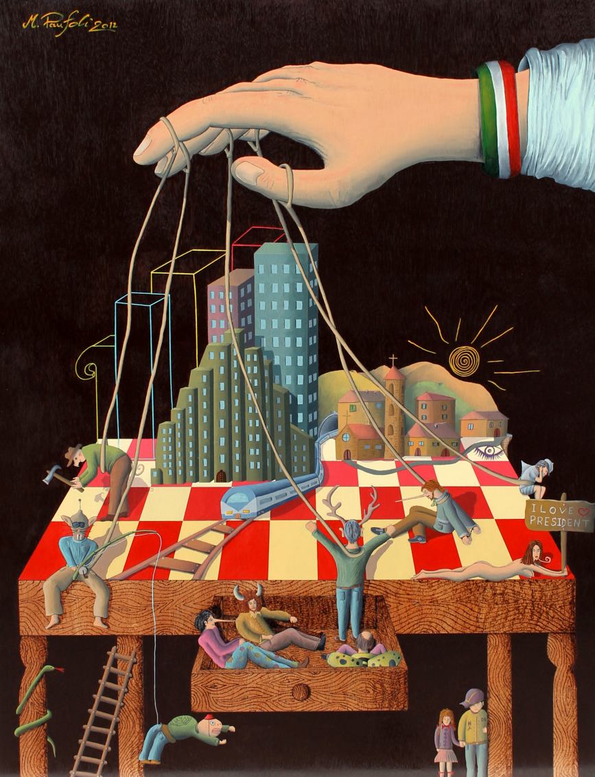 Il Grande Burattinaio (the Great Puppeter) 70x90 cm. Acrylic and pyrography on panel, 2012.