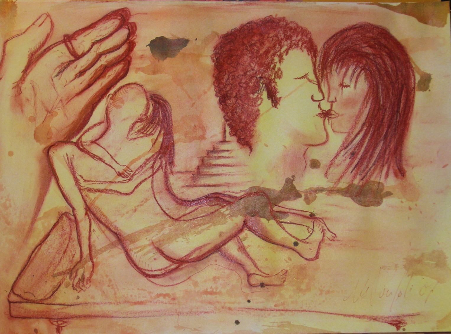 Sketch for 10 decompositions on Passion - Love. 30x42 cm. Sanguine and acrylic on paper