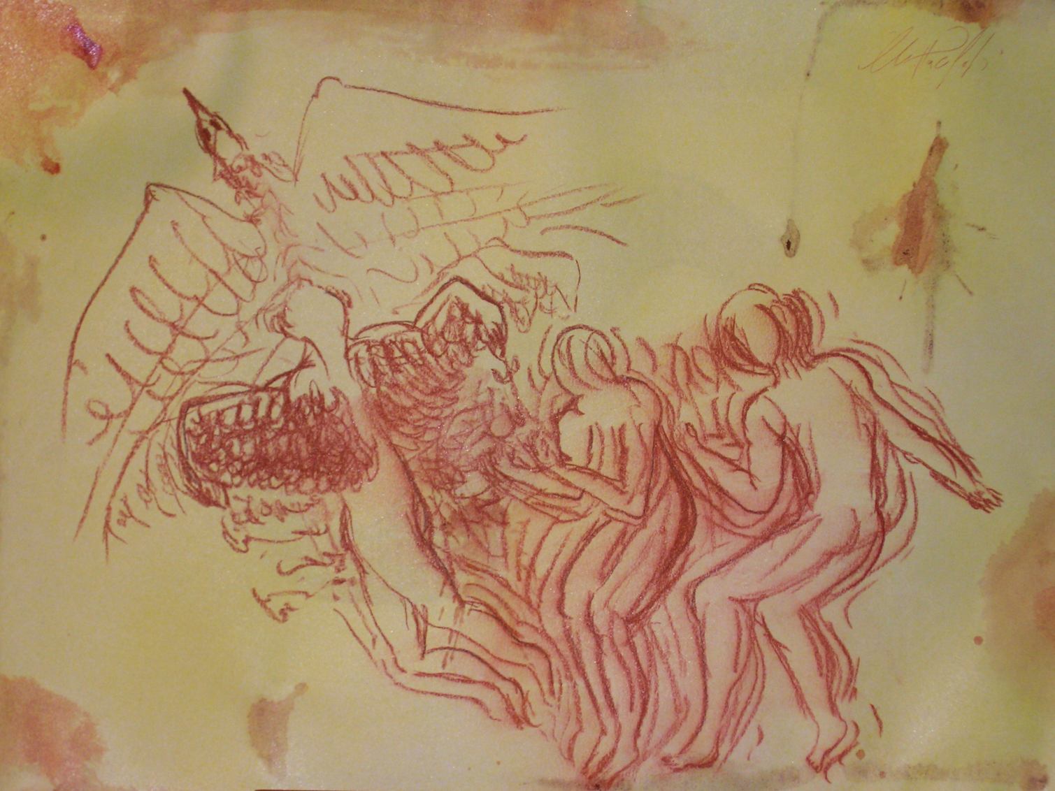 Sketch for 10 Decompositions on Passion - Painting 30x42cm. Sanguine and acrylic on paper