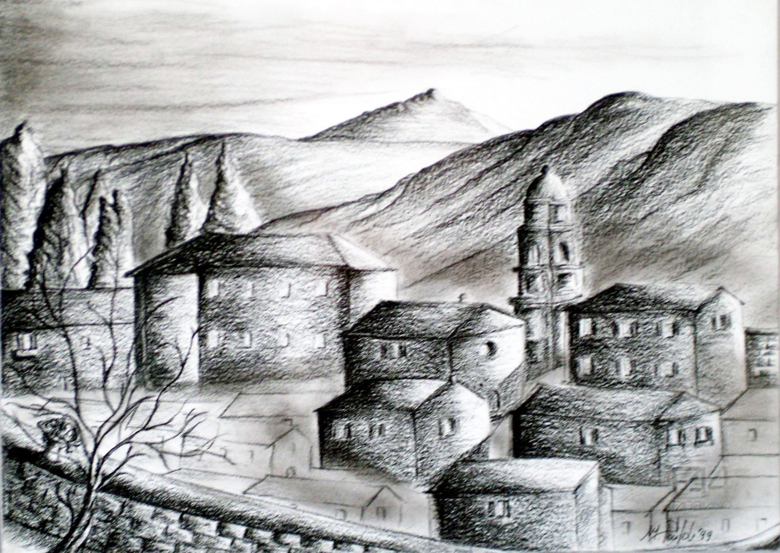 Acquapendente aerial view 24 x 33 cm. Charcoal on paper